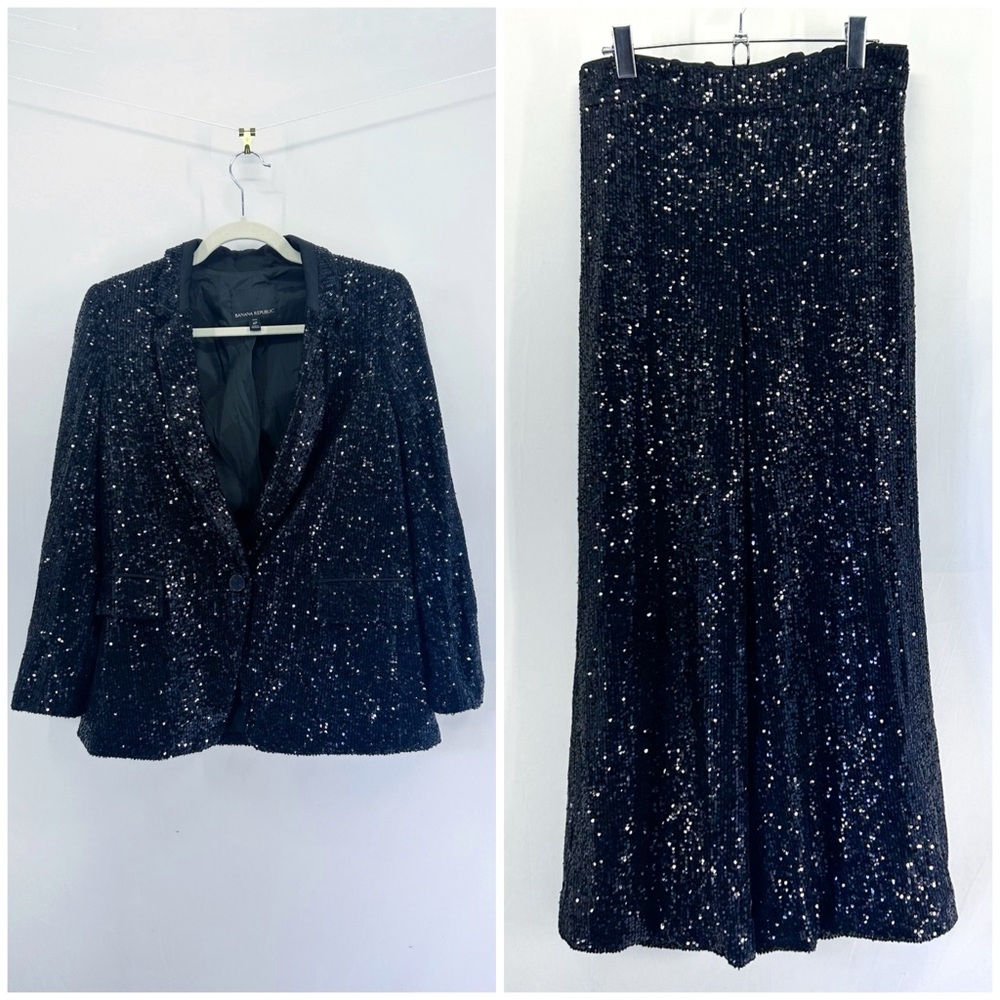 Banana Republic Black Sequin Blazer High Waisted Wide Leg Pants Set Size 6 Small